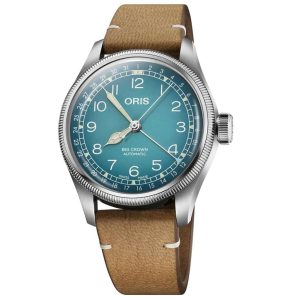 Oris Big Crown automatic watch features a teal dial, stainless steel case, and leather strap.
