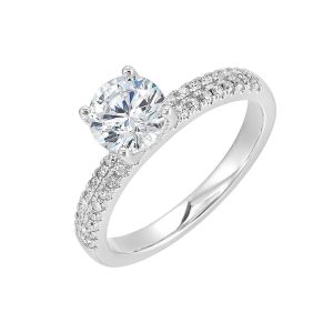 Elegant engagement ring with a round diamond and pavé-set accents in white gold.