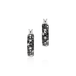 Elegant black and white hoop earrings featuring sparkling stones and a shiny metallic finish.