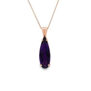 Elegant rose gold pendant necklace featuring a stunning teardrop purple gemstone, perfect for any occasion.