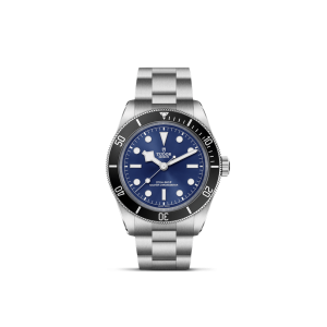Tudor dive watch features a blue dial, stainless steel case, and luminous markers for divers.