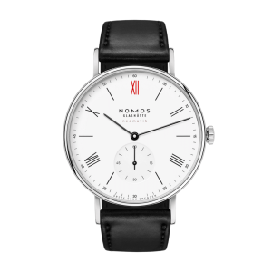 Elegant NOMOS Glashütte wristwatch with minimalist design, Roman numerals, and neomatik automatic movement.