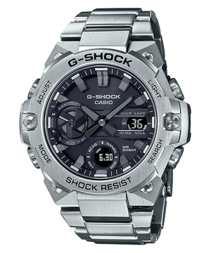 Durable G-Shock watch with stainless steel, black dial, and multifunctional features for active lifestyles.