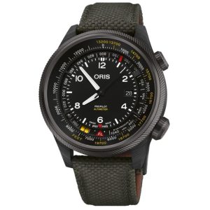 Oris ProPilot Altimeter watch with robust design, altimeter function, and durable green strap.