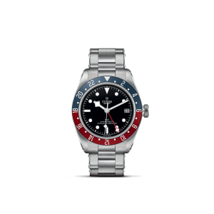 Tudor watch with stainless steel case, black dial, bi-colored bezel, and elegant design.