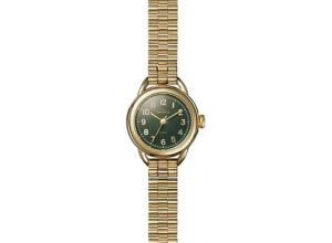Stylish gold wristwatch with green dial, perfect for formal and casual occasions.