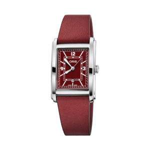 Elegant Oris watch with rectangular case, deep red face, and textured leather strap.