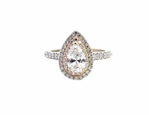 18 Kt Rose and White Gold Pear Double Halo Diamond Engagement Ring