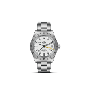 Tudor stainless steel watch with white dial, unidirectional bezel, and robust bracelet for durability.