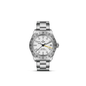 Tudor stainless steel watch with white dial, unidirectional bezel, and robust bracelet for durability.