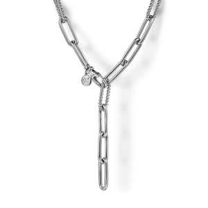 Modern minimalist necklace with asymmetrical oversized links and a sleek silver finish.