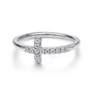 14 Kt White Gold Diamond Sideways Cross Fashion Ring