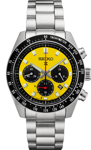 Sporty Seiko watch with vibrant yellow dial, stainless-steel bracelet, and chronograph features.