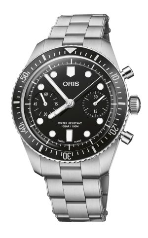 Modern stainless steel dive watch with black dial, luminous markers, and chronograph functionality.