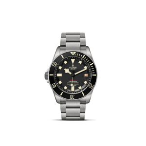 Luxury Tudor diving watch with black dial, luminous markers, and stainless steel bracelet.