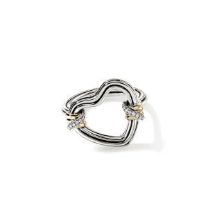 Elegant heart-shaped silver ring with gold accents and sparkling diamonds, symbolizing love and connection.