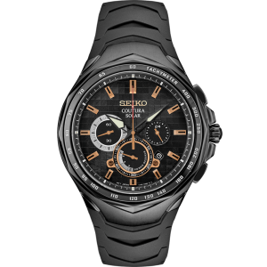 Seiko Coutura Solar watch features a sleek design, black dial, and rose gold accents.