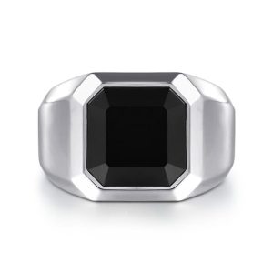 Elegant mens ring featuring a large octagonal black stone on a polished silver band.