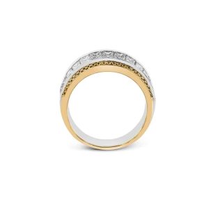 Elegant three-tier ring with sparkling triangular gemstones, golden accents, and dark smoky stones.