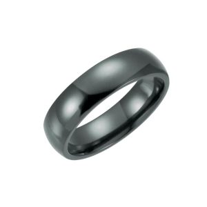 Sleek modern wedding band, durable minimalist design, polished dark finish for elegant style.