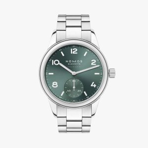 Sleek NOMOS Glashütte wristwatch with a green dial, stainless steel case, and elegant design.