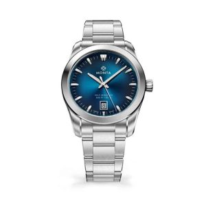 Elegant Monta wristwatch with blue gradient dial and stainless steel bracelet, water-resistant and stylish.