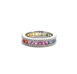 18 Kt White Gold Colored Sapphire and Diamond Eternity Band