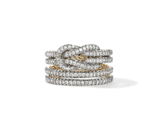 Elegant stacked ring in white and yellow gold with diamonds, showcasing artisan craftsmanship and style.