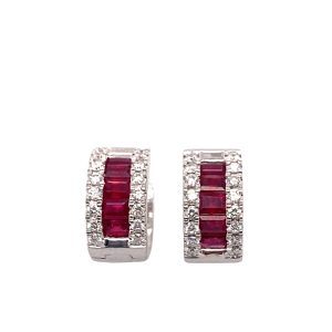 18 Kt White Gold Ruby and Diamond Huggie Hoop Earrings
