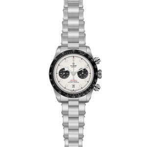 Tudor chronograph watch with stainless steel case and black bezel, perfect for luxury and performance.