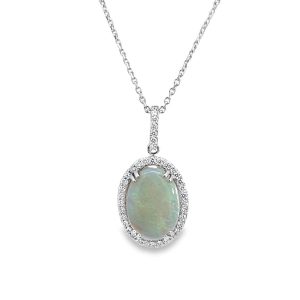 Elegant opal pendant necklace with diamond halo, perfect for special occasions or everyday wear.