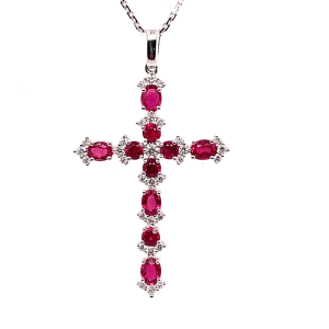 14 Kt White Gold Cross Ruby and Diamond Pendant