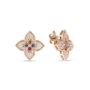 Elegant rose gold floral earrings adorned with colored gemstones and shimmering diamonds.