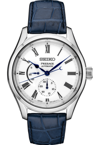 Elegant Seiko Presage watch with blue accents, Roman numerals, and luxurious leather strap.