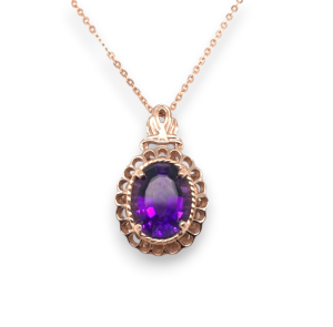 Rose gold pendant necklace featuring a stunning oval-cut amethyst gemstone in intricate design.