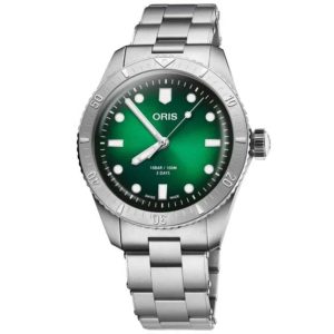 Elegant Oris watch with green dial, stainless steel case, and sporty design features.