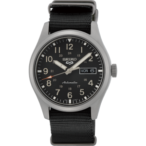 Seiko automatic watch with black dial, luminous hands, date display, and durable fabric strap.