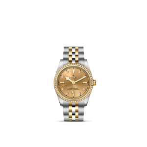 Luxury diamond watch with gold sunburst dial and stainless steel bracelet for elegant style.