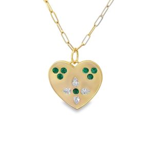 Elegant gold heart-shaped pendant adorned with emeralds and diamonds, perfect for gifts or special occasions.