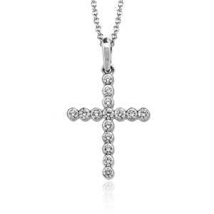 Stunning silver cross pendant with sparkling gemstone accents on a delicate chain.