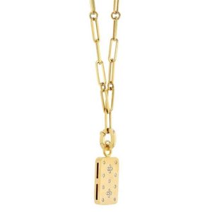 Stylish gold necklace with a rectangular pendant and gemstone accents for elegant fashion.