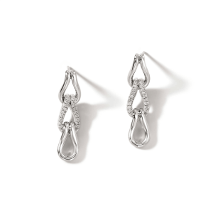 Elegant silver earrings with interlocking shapes and sparkling gemstones for a modern, sophisticated look.