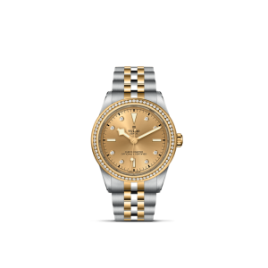 Luxurious Tudor wristwatch with diamond accents, gold dial, and dual-tone bracelet.