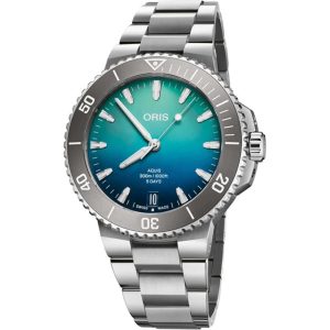 Stylish Oris Aquis diver watch features a blue gradient dial and durable stainless steel design.