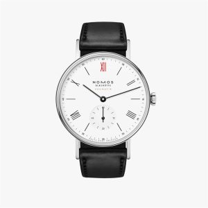 Elegant NOMOS Glashütte wristwatch with minimalist design, Roman numerals, and precision craftsmanship.