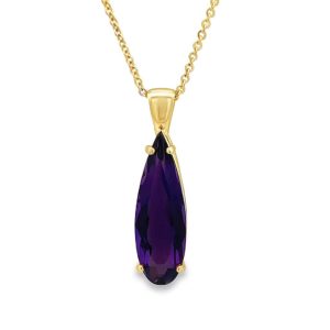 Elegant gold pendant necklace featuring a stunning pear-shaped amethyst, perfect for any occasion.