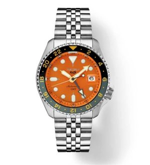 Vibrant Seiko watch with orange dial, GMT bezel, and stainless steel bracelet for sporty elegance.