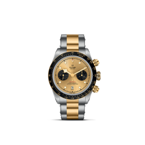 Luxury Tudor chronograph watch with gold dial and stainless steel-gold bracelet for stylish elegance.