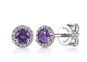 Elegant purple gemstone earrings with white diamonds set in white gold by Gabriel & Co.