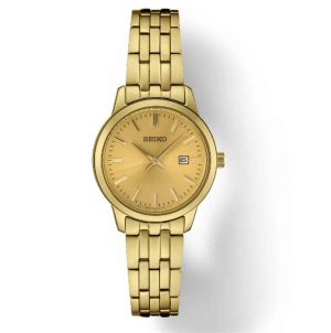 Elegant gold Seiko wristwatch with a timeless design, featuring a simple dial and date window.